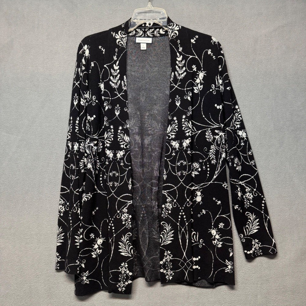 Charter Club Open Front Longline Cozy Cardigan Floral Print Knit L Black White